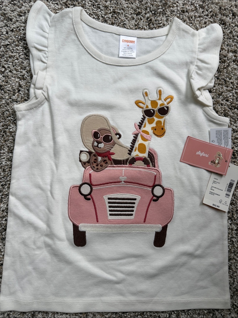 NWT Gymboree Cream Tee with Pink Car & Brown Giraffe Appliqué Safari size 6